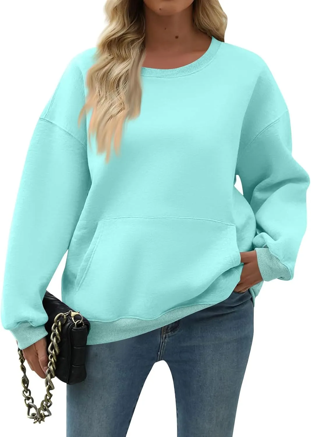 slqdgmryz Crewneck Sweatshirts Women Oversized Preppy Sweatshirt Plain Y2k No Hood Fleece Pullover Hoodie with Pockets