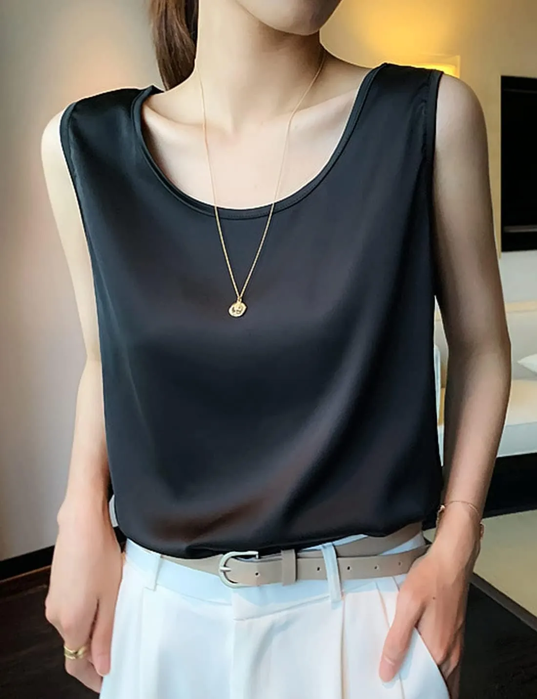 Snoly Women's Silky Satin Wide Strap Camisole Cowl Neck Camis Satin Tank Top Innerwear Silk Bottoming Shirt