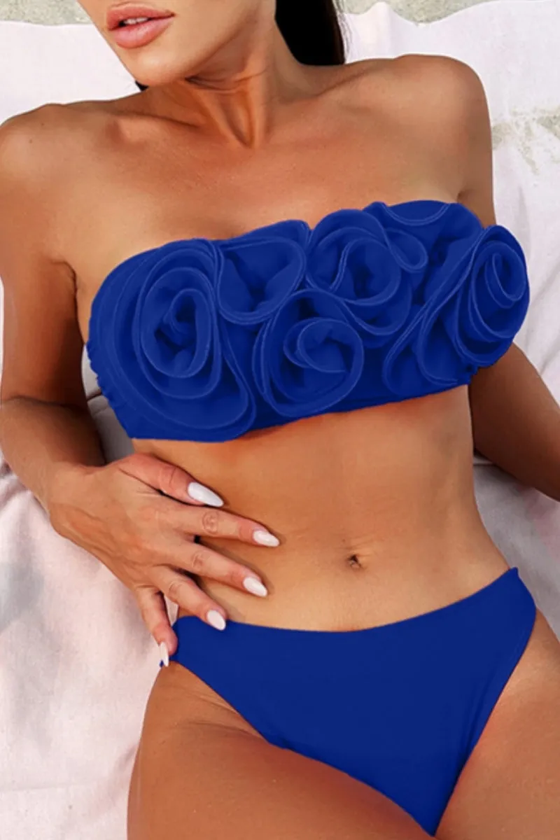 Solid Color 3D Flower Decor Strapless Elegant Bikini