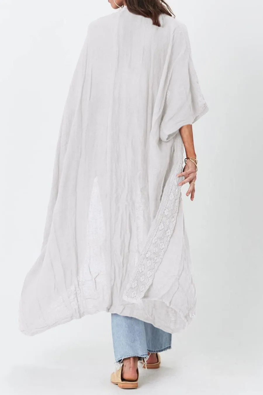 Solid Embroidery Half Sleeve Flowy Kimono Cardigan