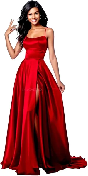 Spaghetti Strap Satin Prom Dresses Ball Gowns for Women Formal Slit Bridesmaid Dress with Pockets