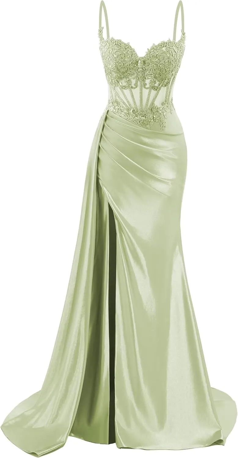 Spaghetti Strap Satin Prom Dresses Long Mermaid Lace Formal Gowns Corset Evening Party Dresses with Slit