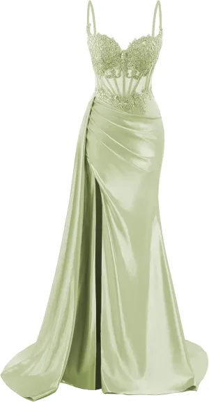 Spaghetti Strap Satin Prom Dresses Long Mermaid Lace Formal Gowns Corset Evening Party Dresses with Slit