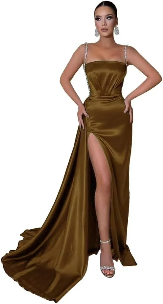 Spaghetti Straps Mermaid Prom Dresses 2024 Long Beaded Tube High Slit Pleated Satin Tight Formal Evening Party Gowns
