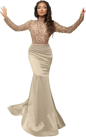 Sparkly Sequin Prom Dresses with Sleeves Satin Formal Dress Mermaid Evening Gown Long Open Back JS0024
