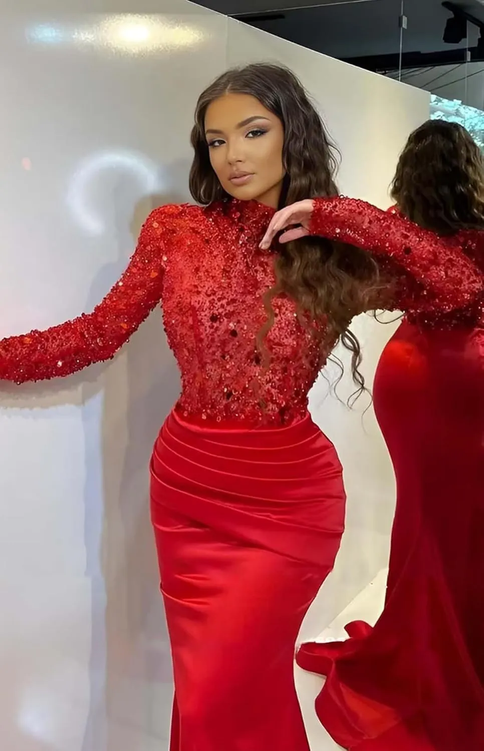 Sparkly Sequin Prom Dresses with Sleeves Satin Formal Dress Mermaid Evening Gown Long Open Back JS0024