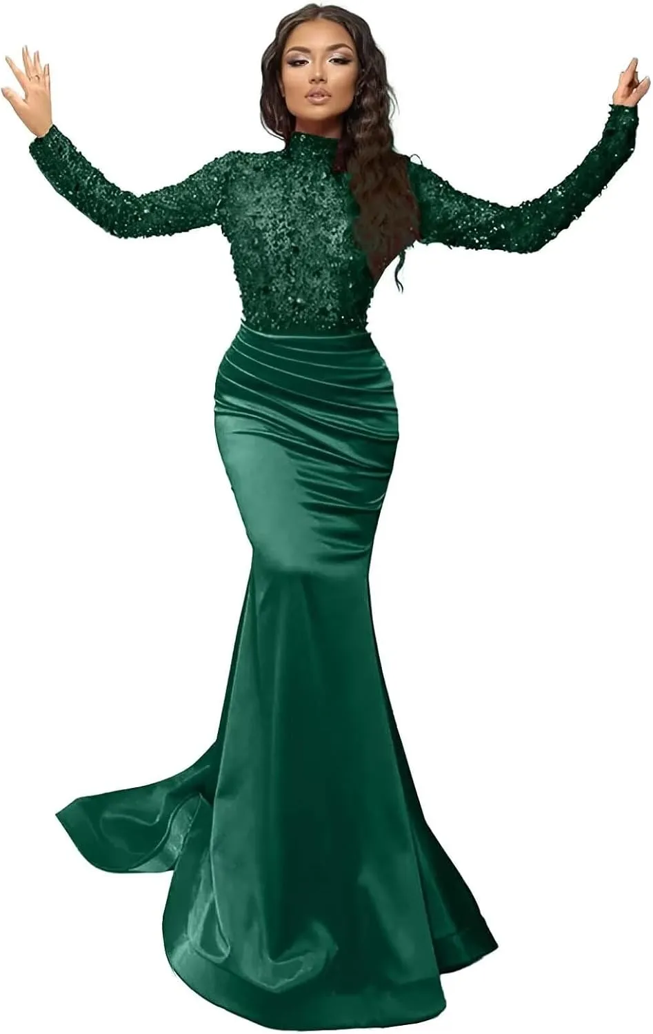 Sparkly Sequin Prom Dresses with Sleeves Satin Formal Dress Mermaid Evening Gown Long Open Back JS0024