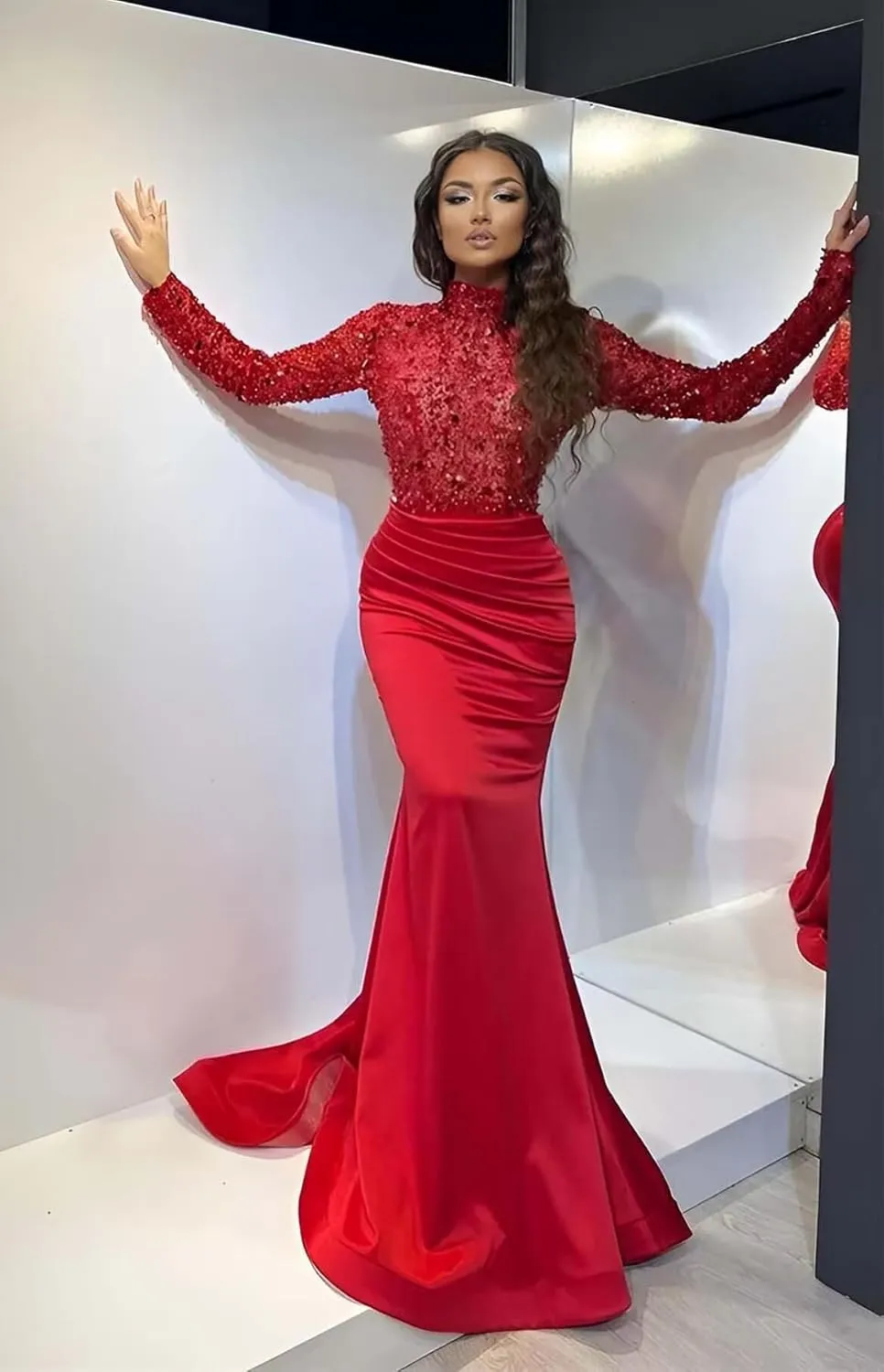Sparkly Sequin Prom Dresses with Sleeves Satin Formal Dress Mermaid Evening Gown Long Open Back JS0024