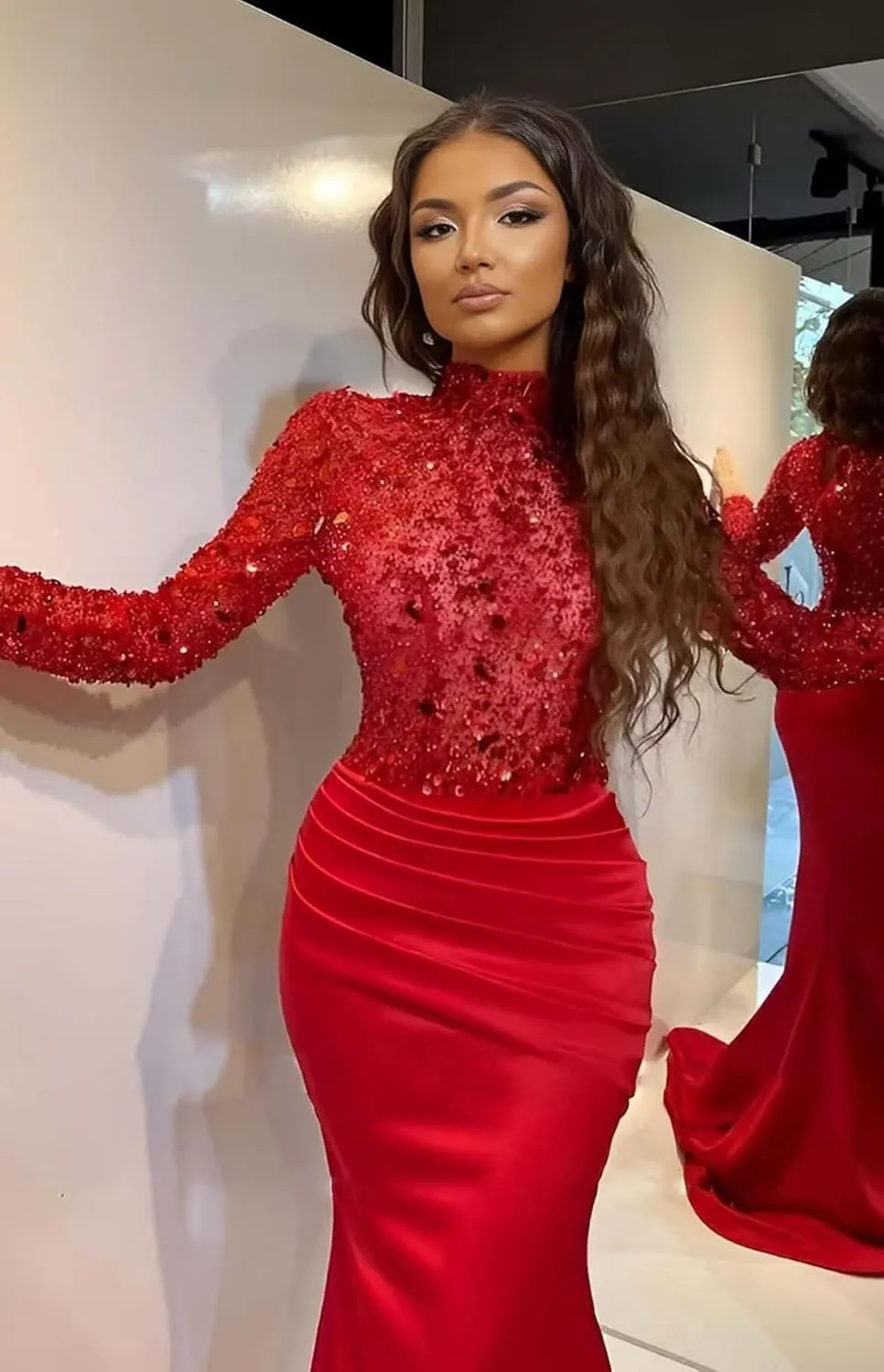 Sparkly Sequin Prom Dresses with Sleeves Satin Formal Dress Mermaid Evening Gown Long Open Back JS0024