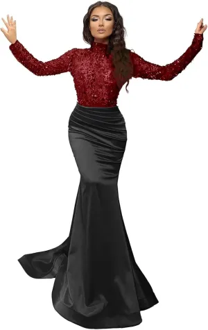 Sparkly Sequin Prom Dresses with Sleeves Satin Formal Dress Mermaid Evening Gown Long Open Back JS0024