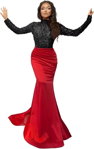 Sparkly Sequin Prom Dresses with Sleeves Satin Formal Dress Mermaid Evening Gown Long Open Back JS0024