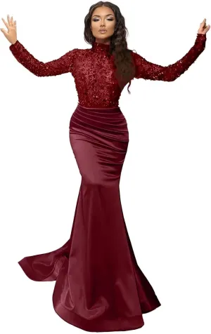 Sparkly Sequin Prom Dresses with Sleeves Satin Formal Dress Mermaid Evening Gown Long Open Back JS0024
