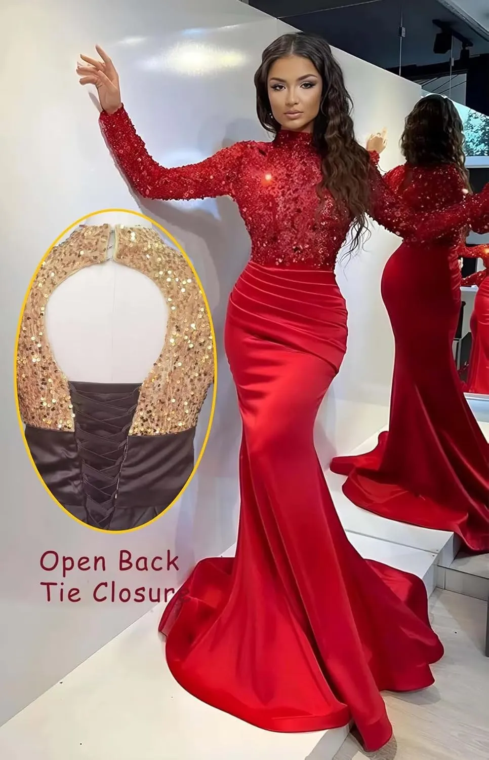 Sparkly Sequin Prom Dresses with Sleeves Satin Formal Dress Mermaid Evening Gown Long Open Back JS0024