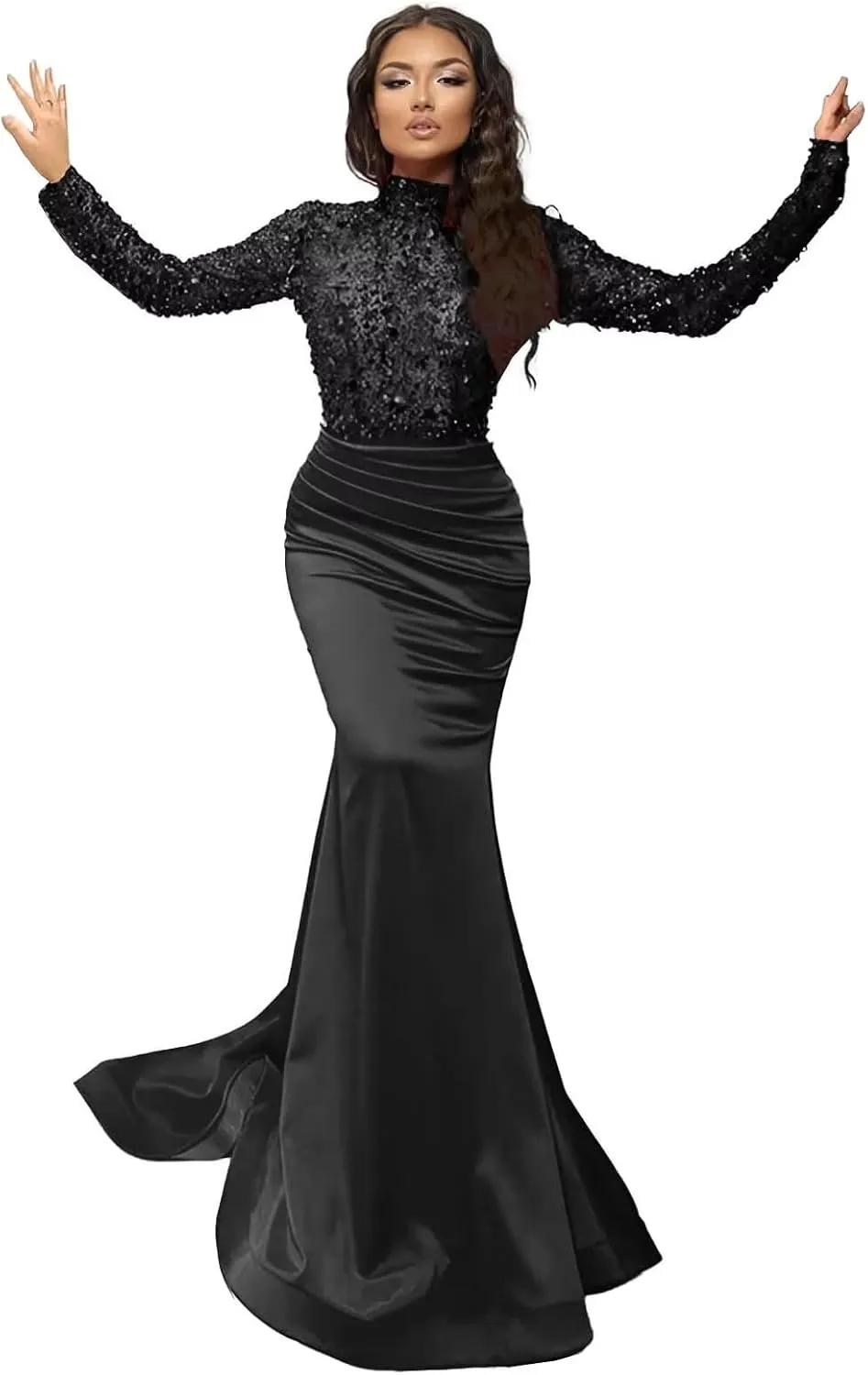 Sparkly Sequin Prom Dresses with Sleeves Satin Formal Dress Mermaid Evening Gown Long Open Back JS0024