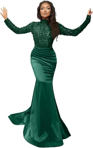 Sparkly Sequin Prom Dresses with Sleeves Satin Formal Dress Mermaid Evening Gown Long Open Back JS0024