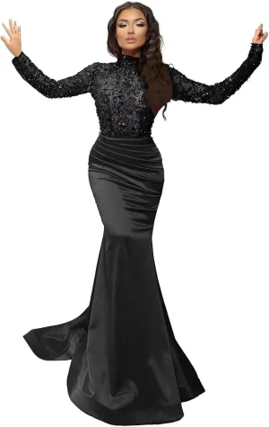 Sparkly Sequin Prom Dresses with Sleeves Satin Formal Dress Mermaid Evening Gown Long Open Back JS0024
