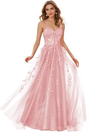 Sparkly Tulle Prom Dresses 2025 Lace Appliques Ball Gown Long Spaghetti Straps Formal Evening Gowns with Slit