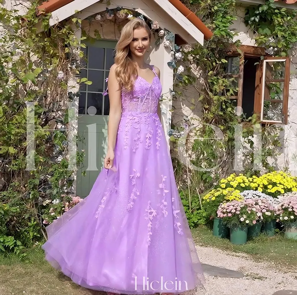 Sparkly Tulle Prom Dresses 2025 Lace Appliques Ball Gown Long Spaghetti Straps Formal Evening Gowns with Slit