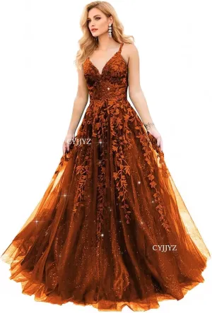 Sparkly Tulle Prom Dresses 2025 Lace Appliques Long Ball Gown Spaghetti Straps V Neck Corset Formal Evening Gown