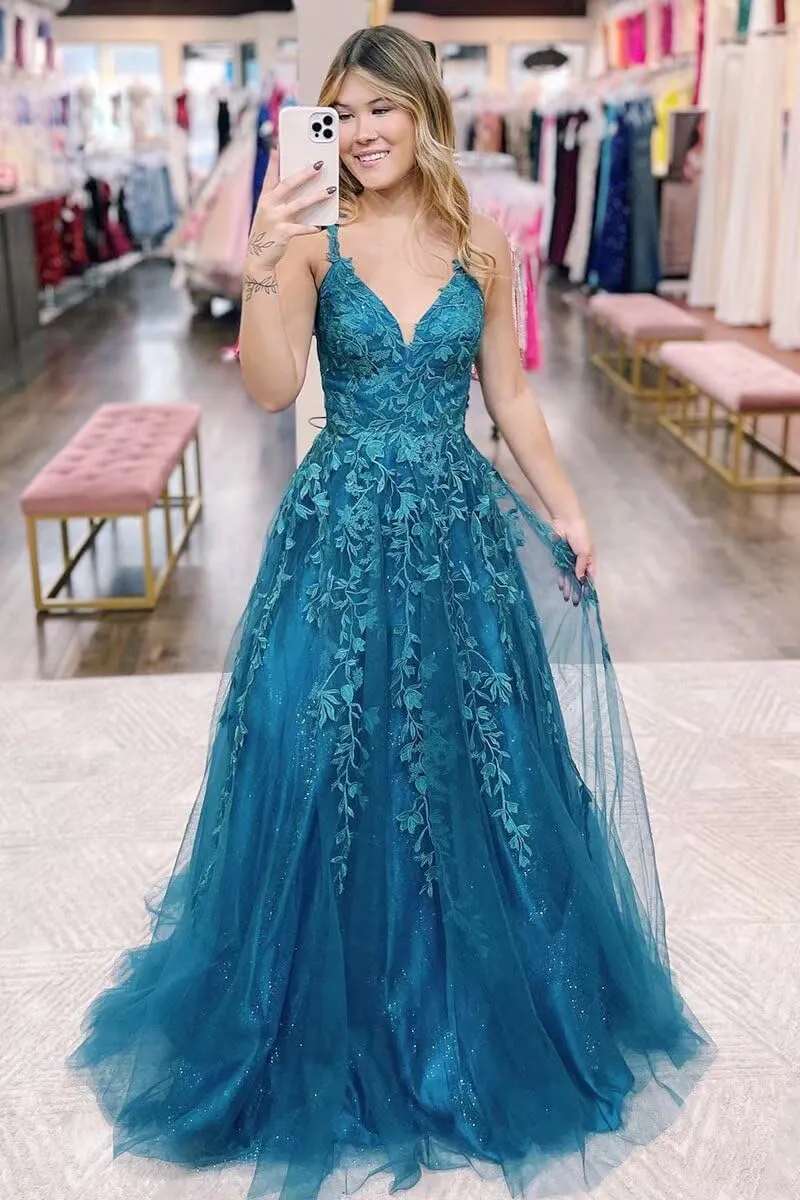 Sparkly Tulle Prom Dresses 2025 Lace Appliques Long Ball Gown Spaghetti Straps V Neck Corset Formal Evening Gown