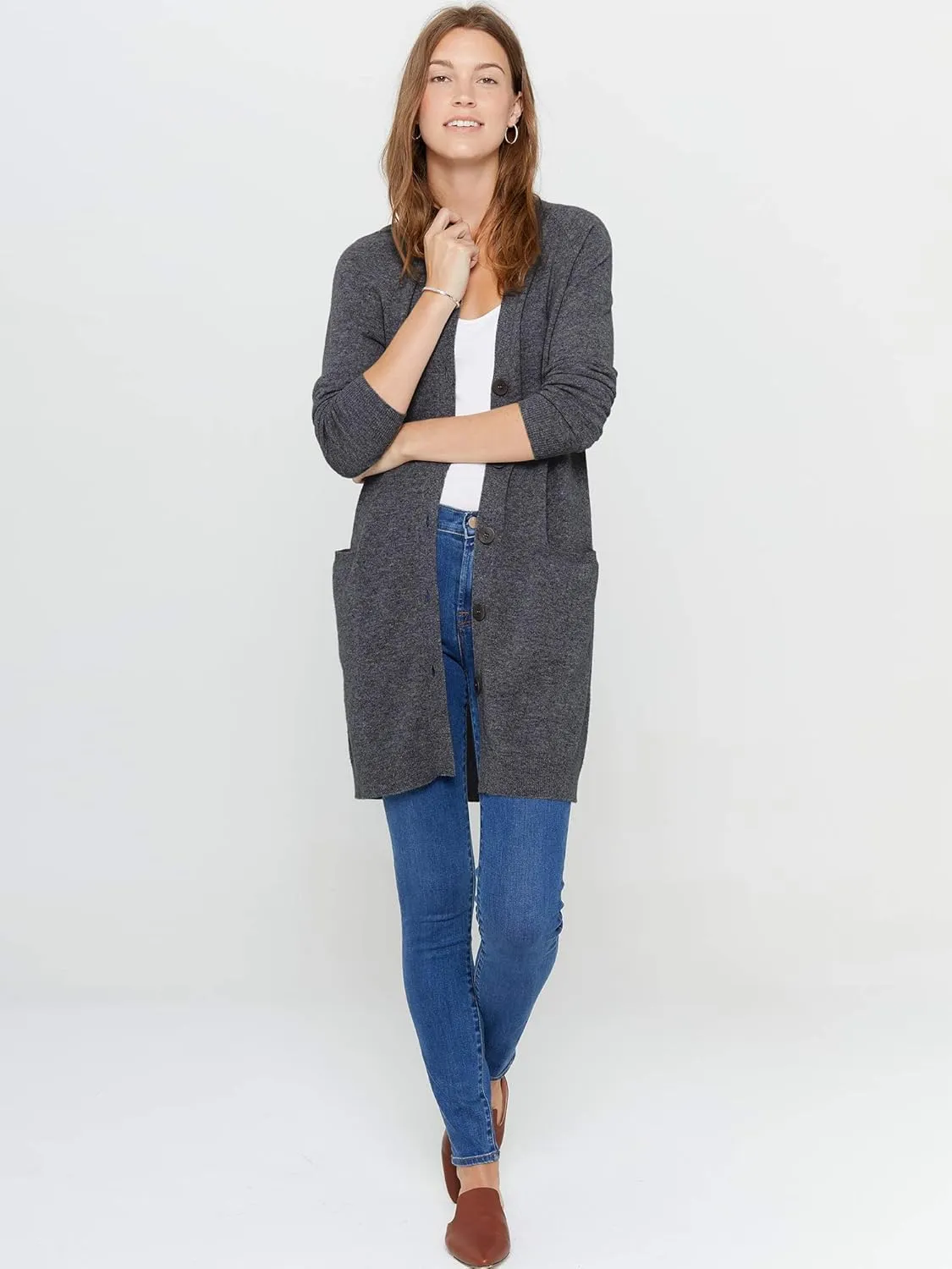 State Cashmere Women's Button Front Cardigan 100% Pure Cashmere V Neck Fashion Sweater Dress with Pockets