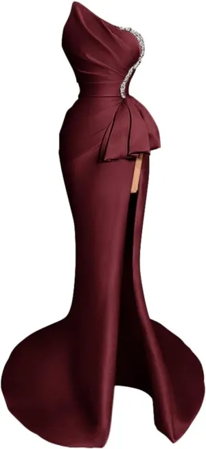 Strapless Evening Gowns 2024 Beaded Satin Ruched Mermaid High Slit Long Prom Dresses for Women