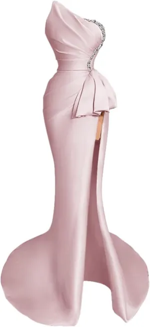 Strapless Evening Gowns 2024 Beaded Satin Ruched Mermaid High Slit Long Prom Dresses for Women