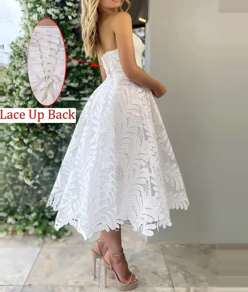 Strapless Lace Prom Off Shoulder Short Formal Evening Sweetheart Ball Gowns Tea Length Cocktail Party Dress
