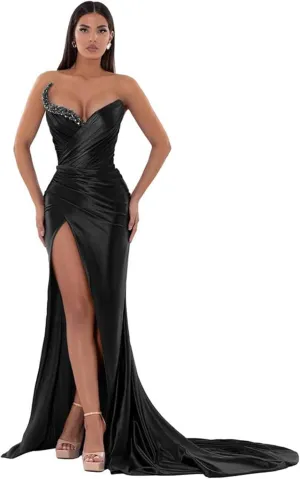 Strapless Prom Dresses for Women 2025 Long Mermaid Pleated with Slit Beaded Formal Evening Gowns