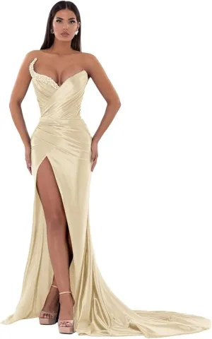 Strapless Prom Dresses for Women 2025 Long Mermaid Pleated with Slit Beaded Formal Evening Gowns