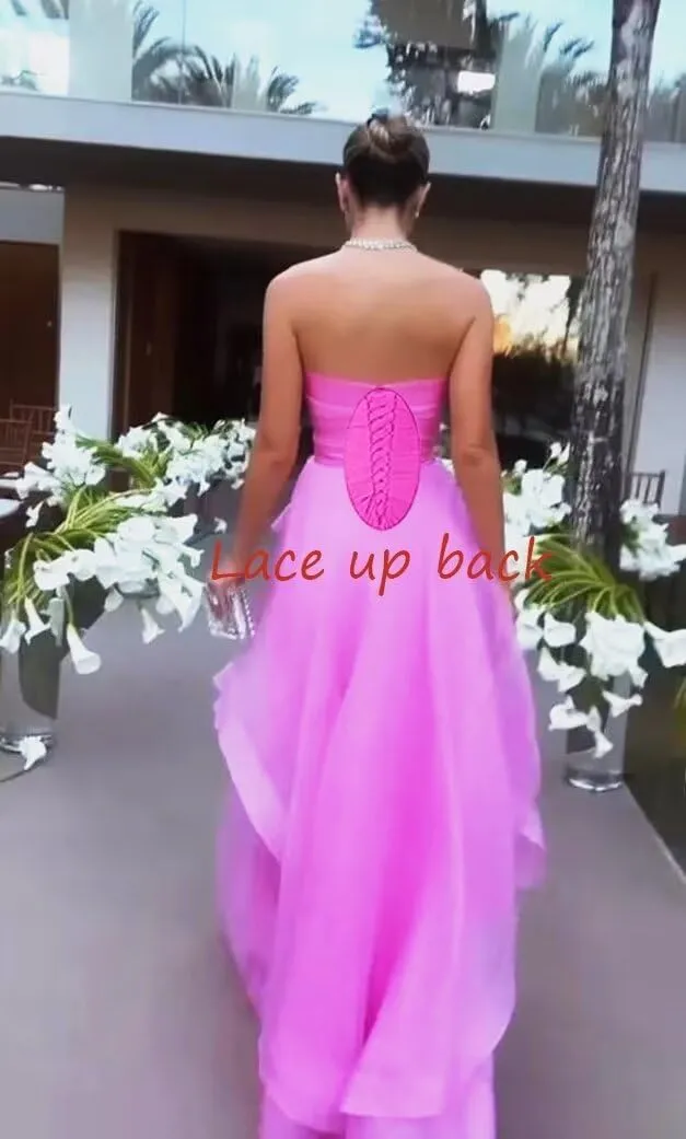 Strapless Prom Dresses Long Lace up Back Tulle Dress Women Formal A-Line Tube Ruffle DR0181