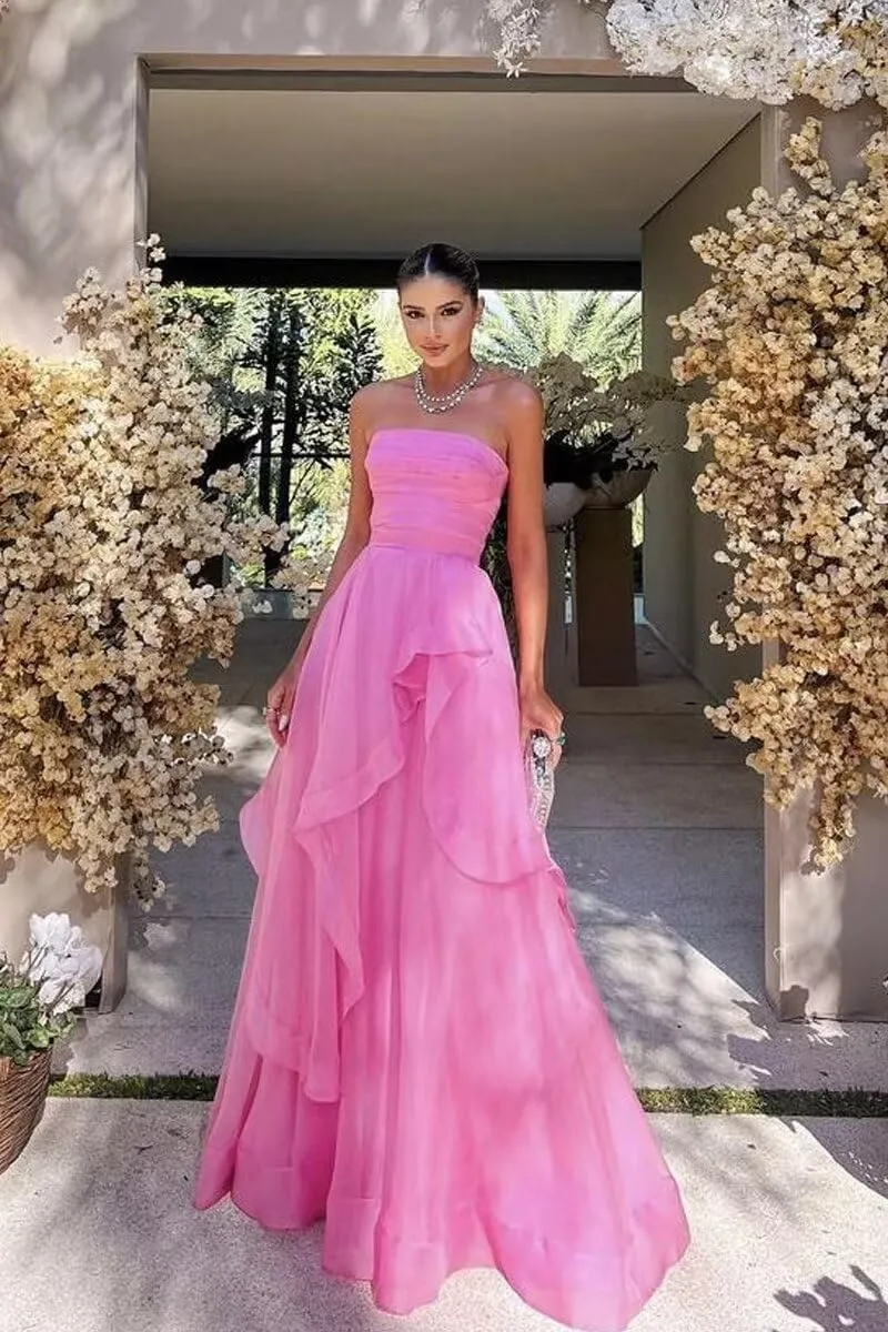 Strapless Prom Dresses Long Lace up Back Tulle Dress Women Formal A-Line Tube Ruffle DR0181