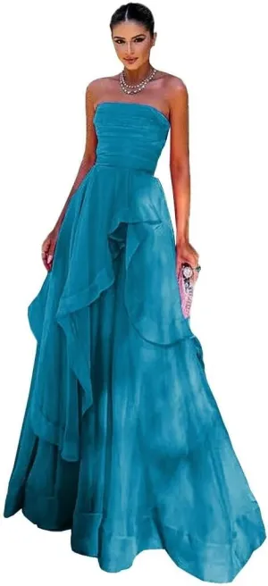Strapless Prom Dresses Long Lace up Back Tulle Dress Women Formal A-Line Tube Ruffle DR0181
