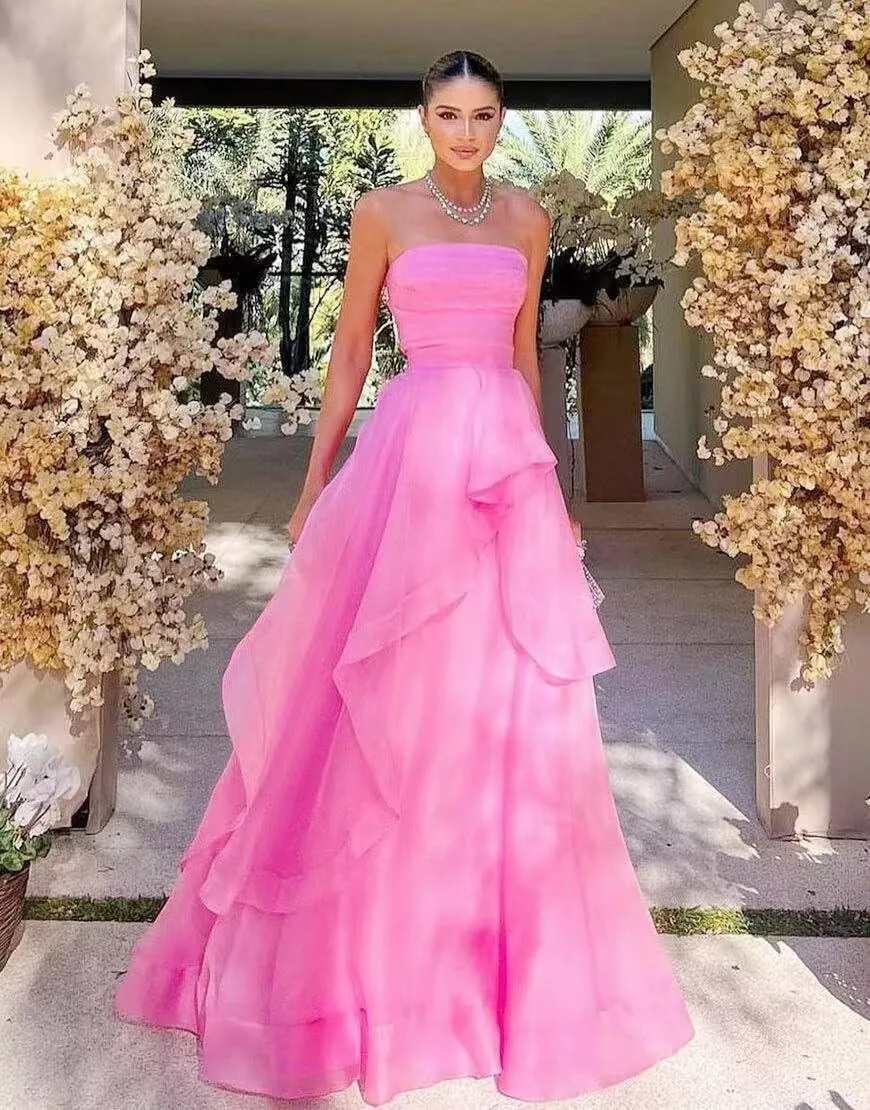 Strapless Prom Dresses Long Lace up Back Tulle Dress Women Formal A-Line Tube Ruffle DR0181