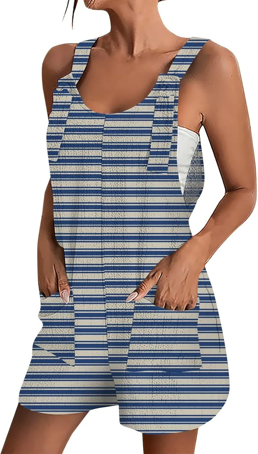 Striped Romper for Women Spaghetti Strap Linen Short Jumpsuits with Pockets Loose Fit Wide Leg Overall Shortalls