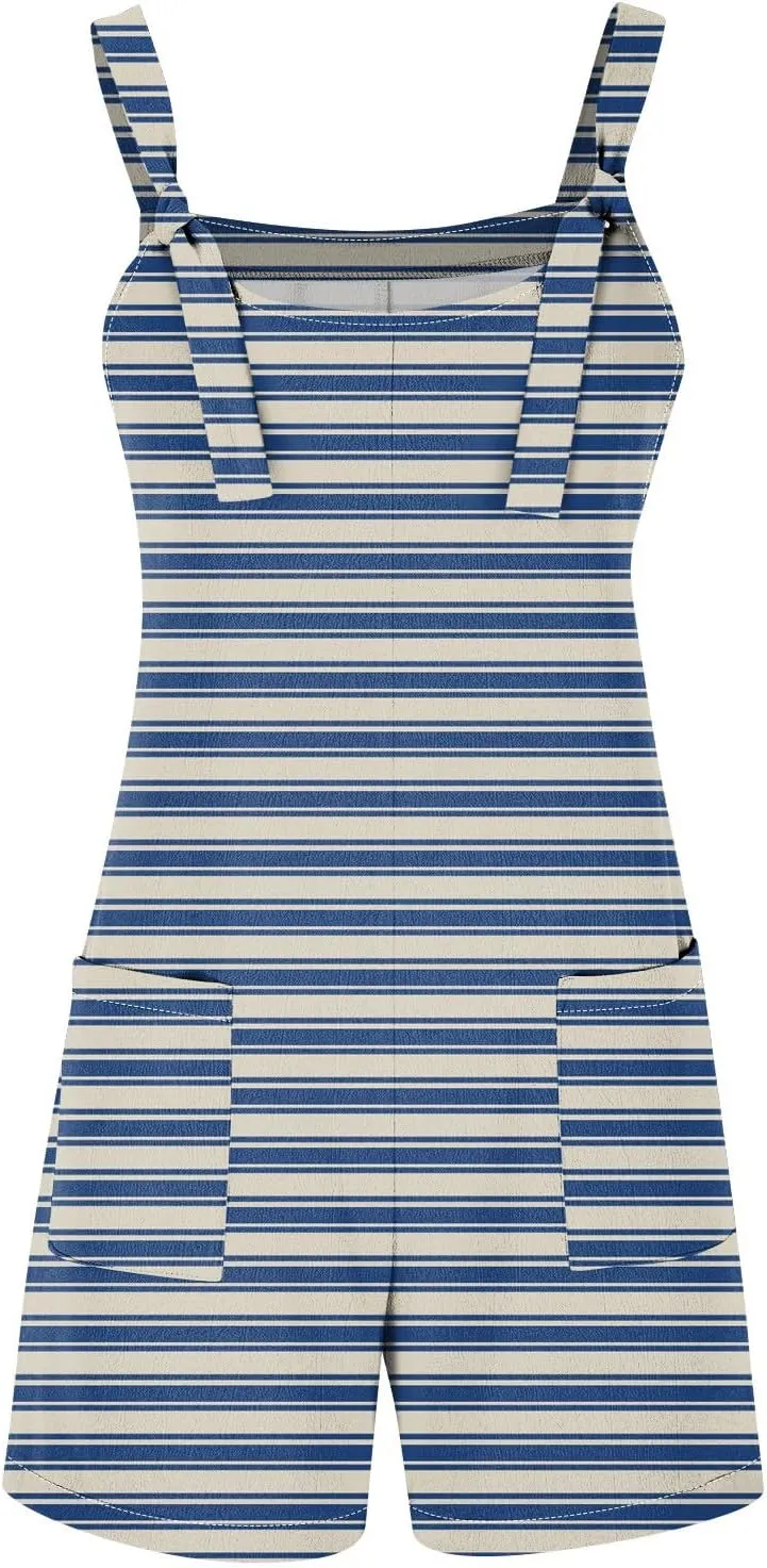 Striped Romper for Women Spaghetti Strap Linen Short Jumpsuits with Pockets Loose Fit Wide Leg Overall Shortalls