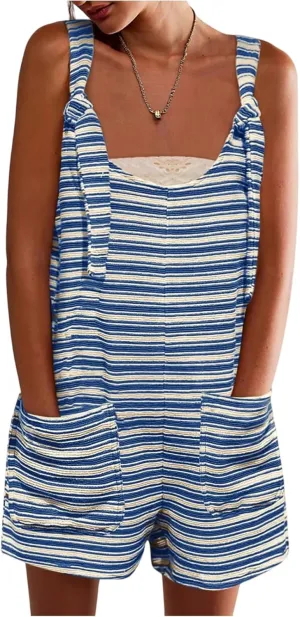 Striped Romper for Women Spaghetti Strap Linen Short Jumpsuits with Pockets Loose Fit Wide Leg Overall Shortalls