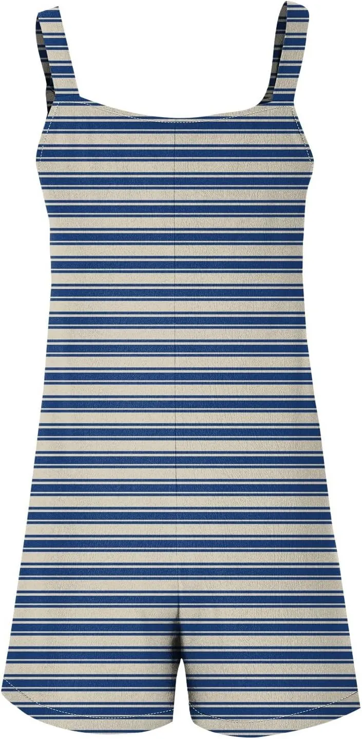 Striped Romper for Women Spaghetti Strap Linen Short Jumpsuits with Pockets Loose Fit Wide Leg Overall Shortalls