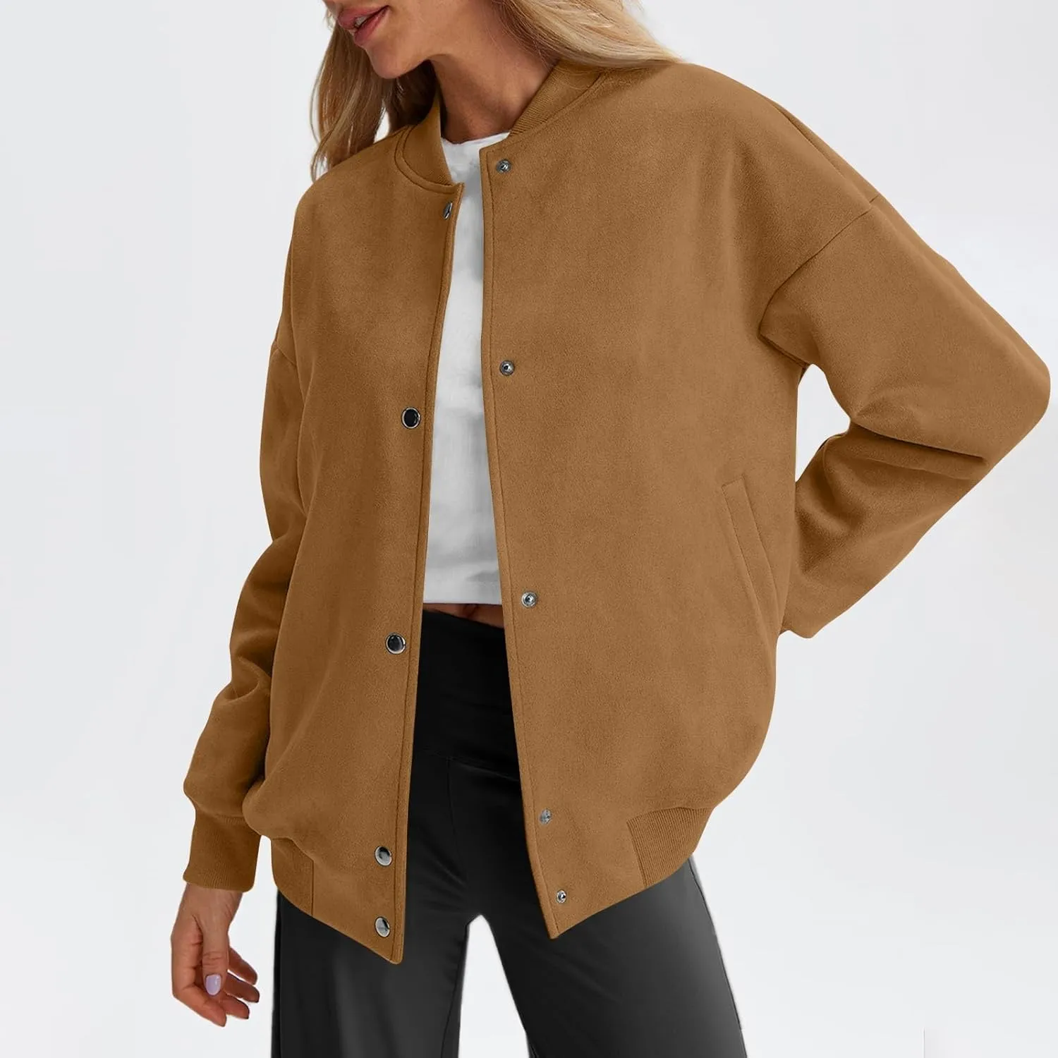 Suede Jacket Women Button Down Bomber Jacket Dressy Casual Varsity Moto Shackets with Pockets Fall Coat Y2k Clothes