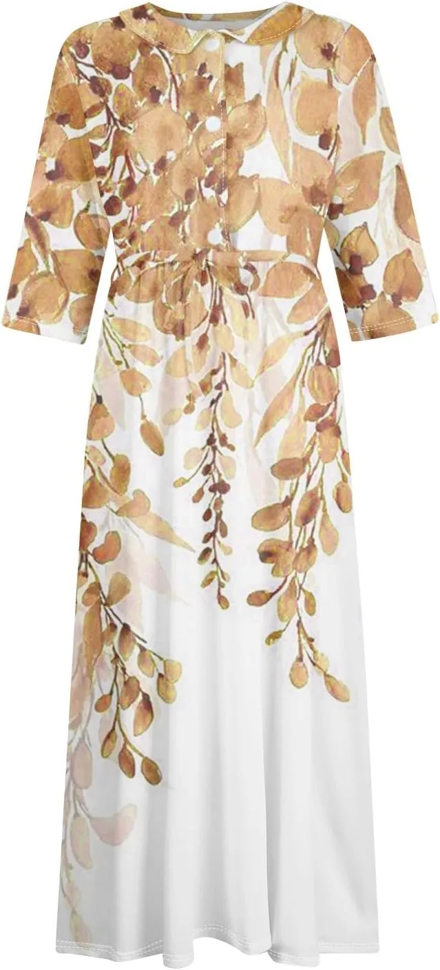 Summer Dress for Women 3/4 Sleeve Button Up A Line Flowy Maxi Dresses Vintage Floral Literary Simple Cotton Dress