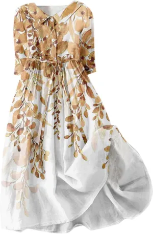 Summer Dress for Women 3/4 Sleeve Button Up A Line Flowy Maxi Dresses Vintage Floral Literary Simple Cotton Dress