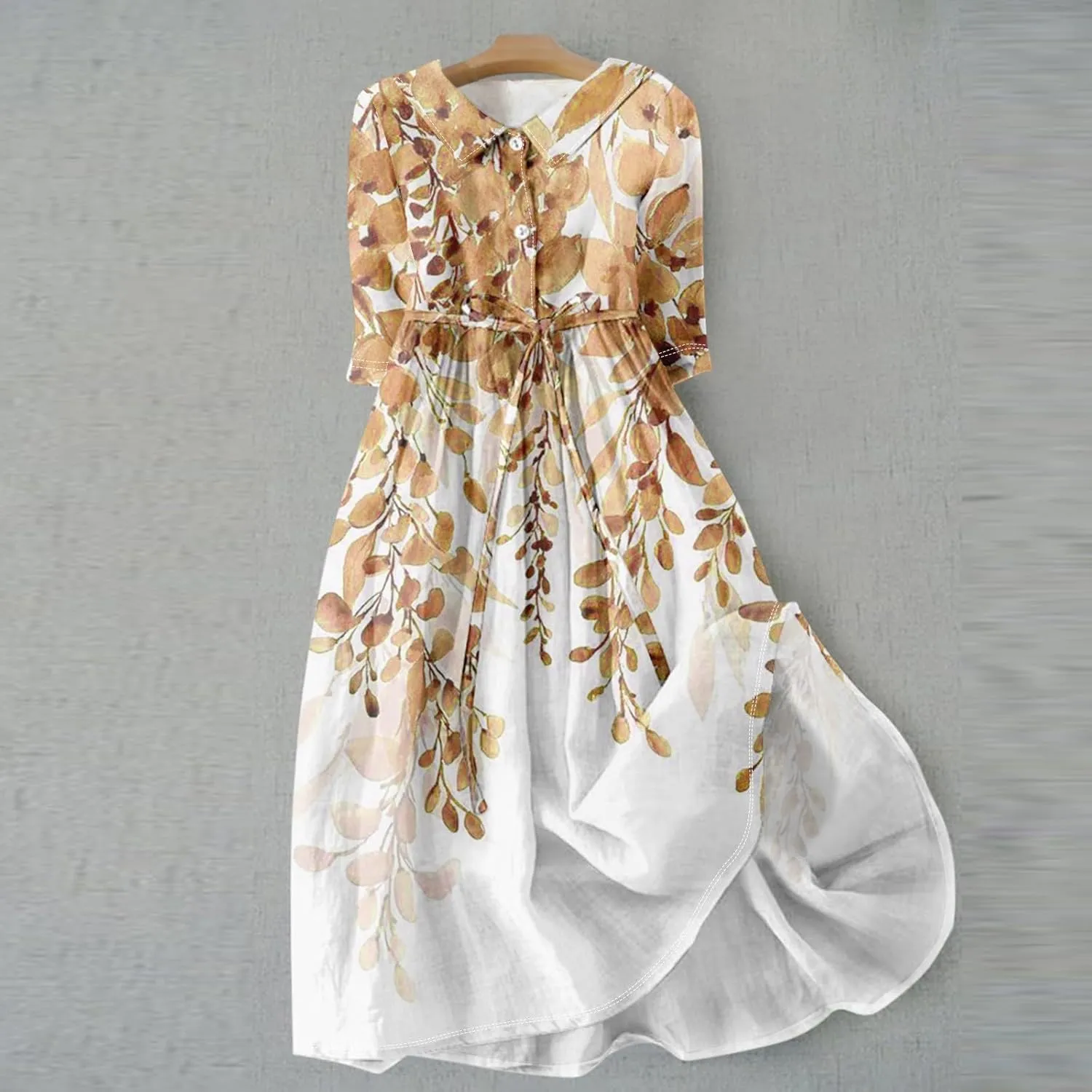 Summer Dress for Women 3/4 Sleeve Button Up A Line Flowy Maxi Dresses Vintage Floral Literary Simple Cotton Dress
