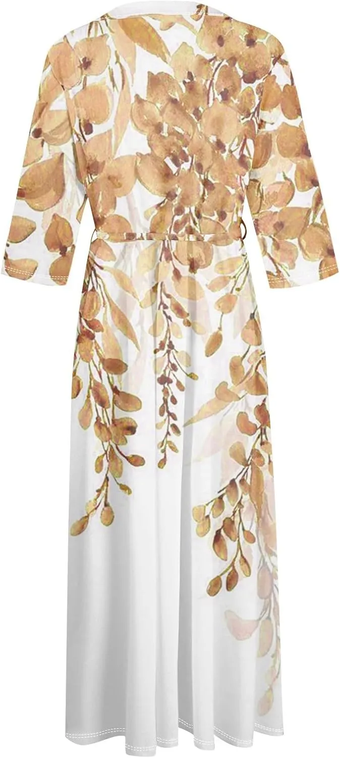Summer Dress for Women 3/4 Sleeve Button Up A Line Flowy Maxi Dresses Vintage Floral Literary Simple Cotton Dress