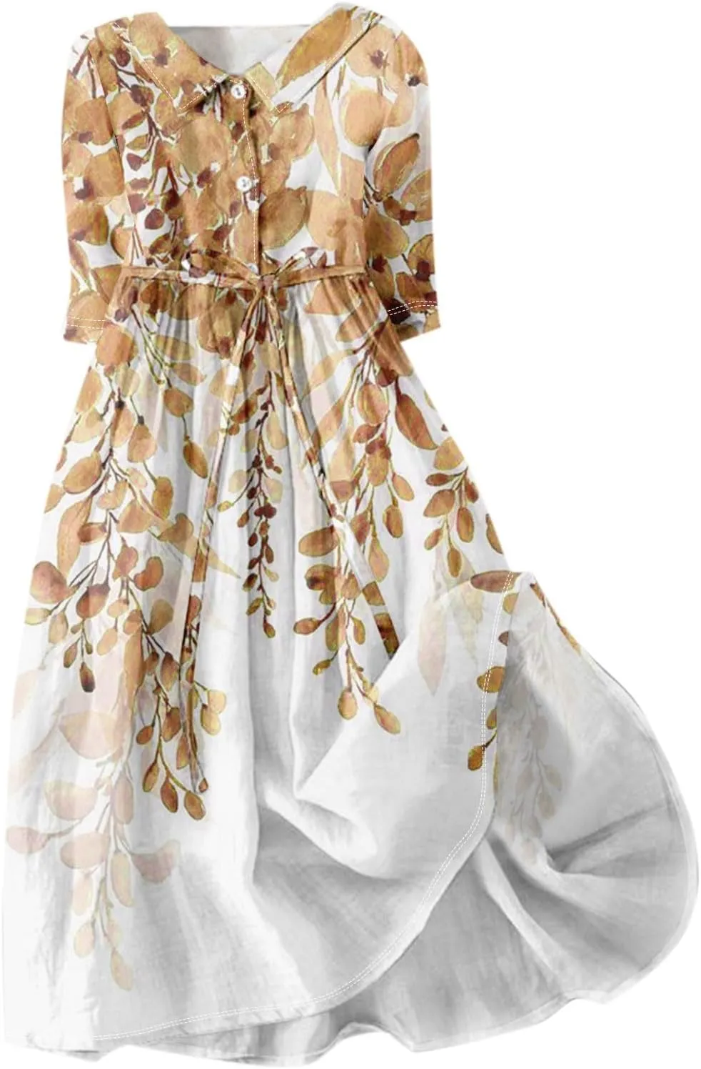 Summer Dress for Women 3/4 Sleeve Button Up A Line Flowy Maxi Dresses Vintage Floral Literary Simple Cotton Dress