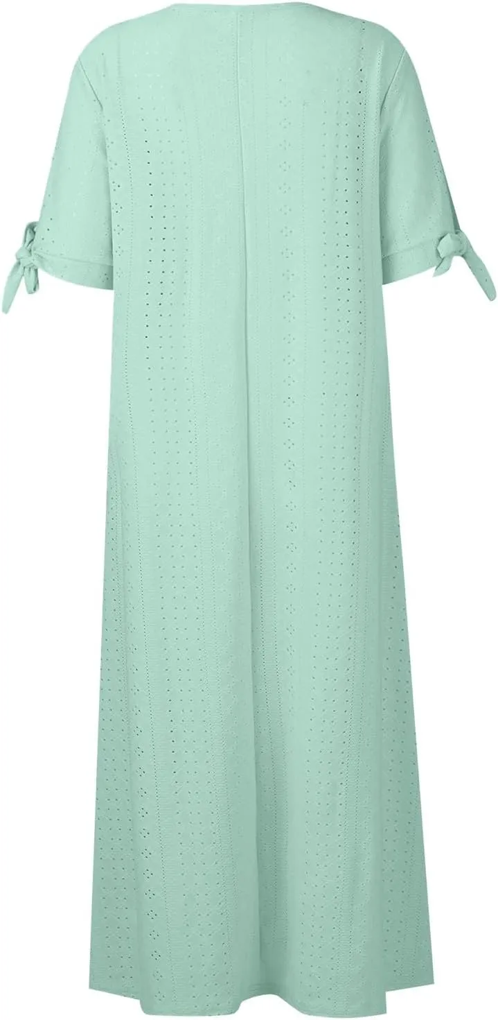 Summer Dresses for Women 2025 Casual Button Up Short Sleeve Eyelet Dress for Women Boho Tshirt Dress Beach Vacation Sundress