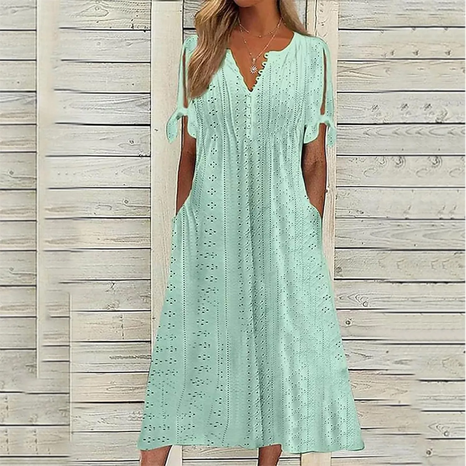 Summer Dresses for Women 2025 Casual Button Up Short Sleeve Eyelet Dress for Women Boho Tshirt Dress Beach Vacation Sundress