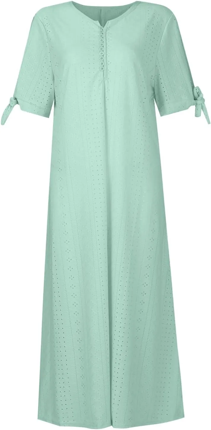 Summer Dresses for Women 2025 Casual Button Up Short Sleeve Eyelet Dress for Women Boho Tshirt Dress Beach Vacation Sundress