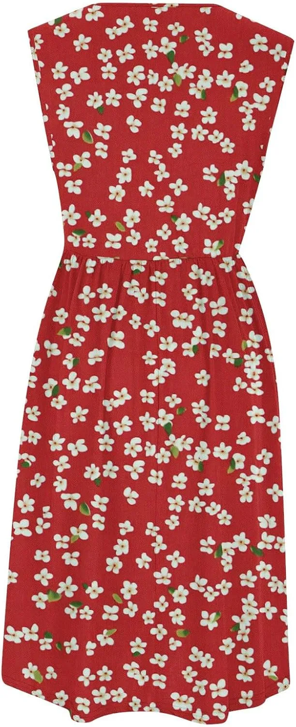 Summer Dresses for Women Casual A-Line Flowy Sleeveless Midi Dress Vintage Floral Print Pleated Beach Sundress 2025