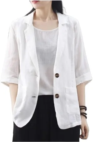Summer Linen Blazer for Women 3/4 Sleeve Lightweight Loose Fit Casual Work Jacket
