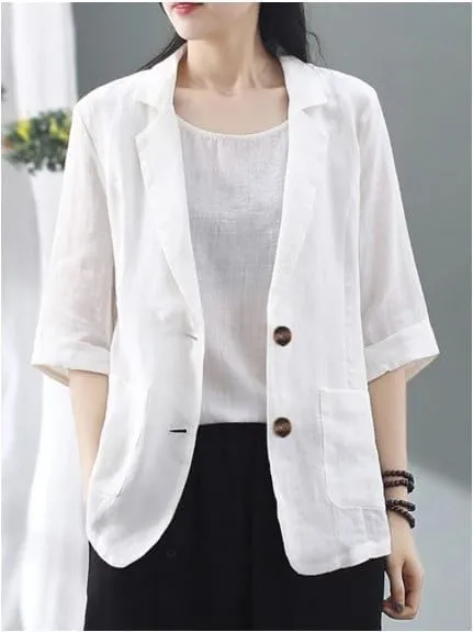 Summer Linen Blazer for Women 3/4 Sleeve Lightweight Loose Fit Casual Work Jacket